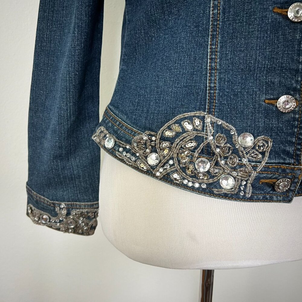 Vintage Cache Denim Jean Jacket Rhinestones Sequin Jouer Aux Echecs collab - Picture 3 of 15